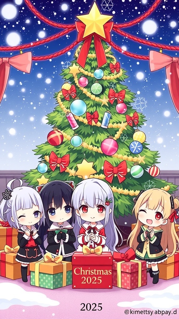 Chibi Illustration for Christmas 2025 Inspired by KNY Chibi characters from KNY in Christmas attire with a decorated tree and presents.